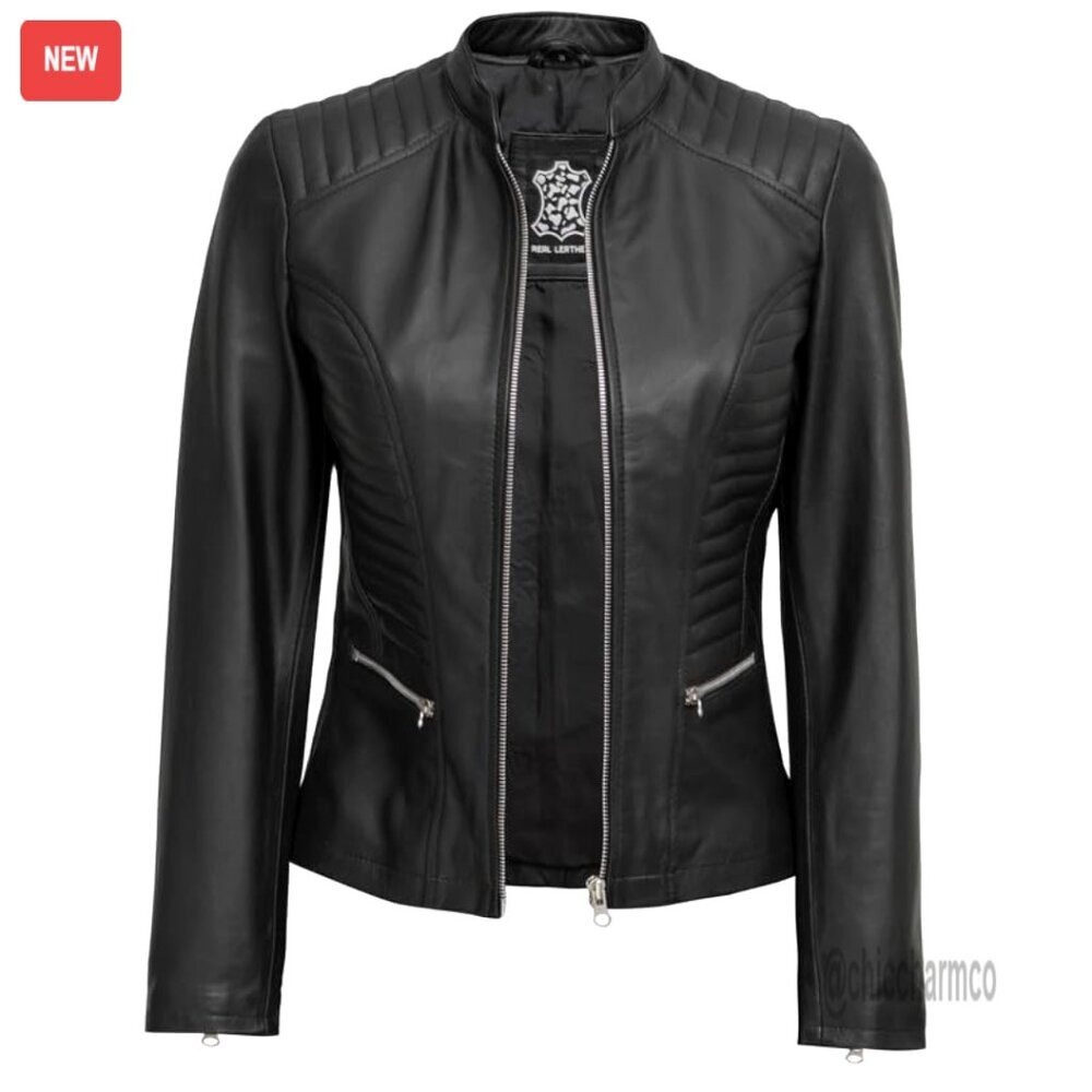 Lambskin Leather Jacket Cafe Racer Style Distressed Quilted Design Women's - Picture 3 of 6